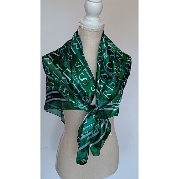 Green and White Sateen Square Paris Eifel Tower Scarf - Picture 1 of 5